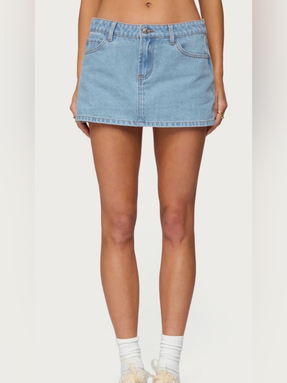 Refuge Light Blue Denim Mini Skirt W/Pink Bows in Back Pockets